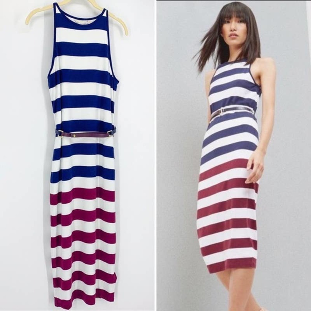 Ted Baker Stripe Bodycon Midi Dress Blue White Size 2